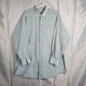 VanHeusen Long Sleeve Button Up Plaid Shirt Green Black White Men Sz 18.5 Tall